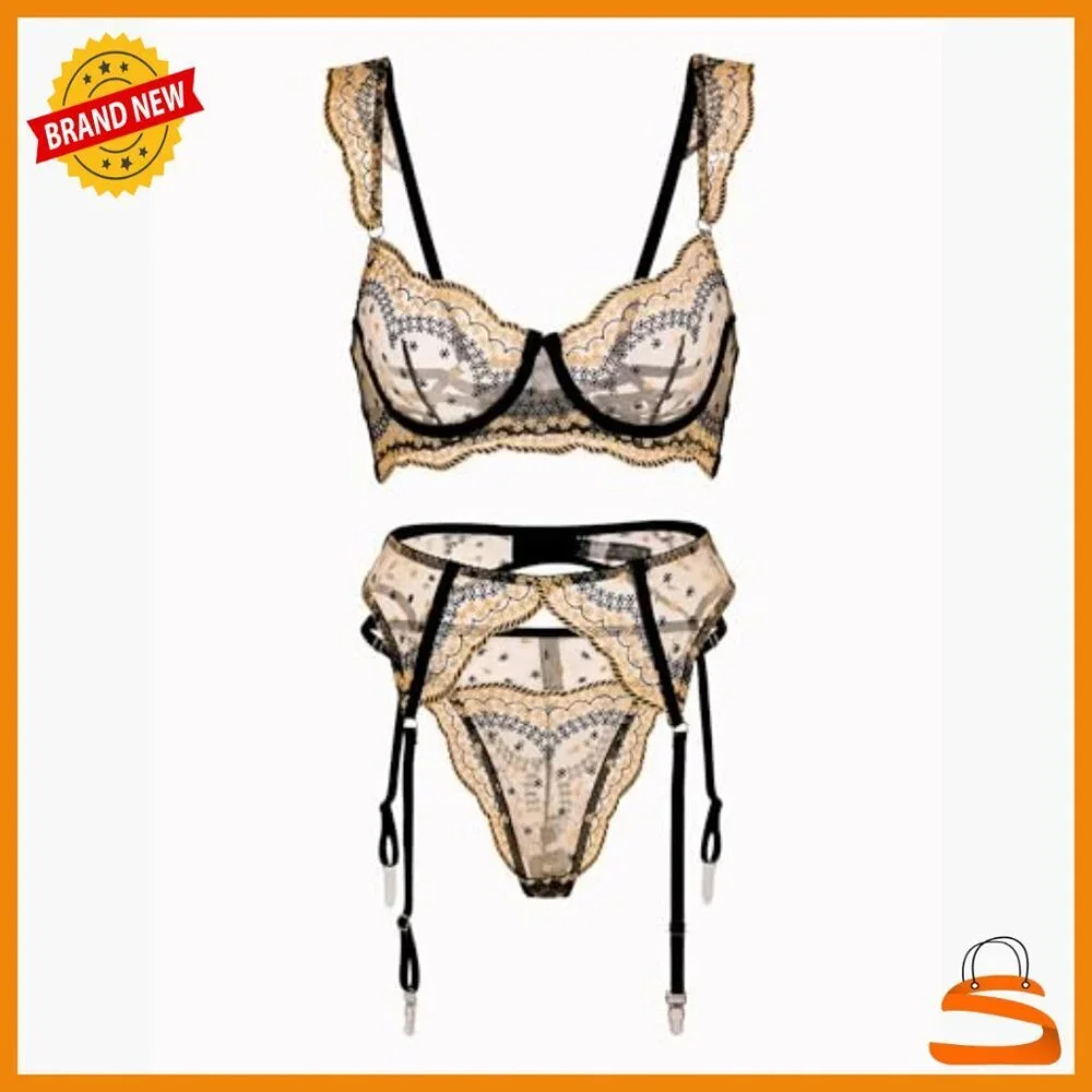 XXL Sheer Mesh Lingerie Set Balconette Bra Garter Belt Thong